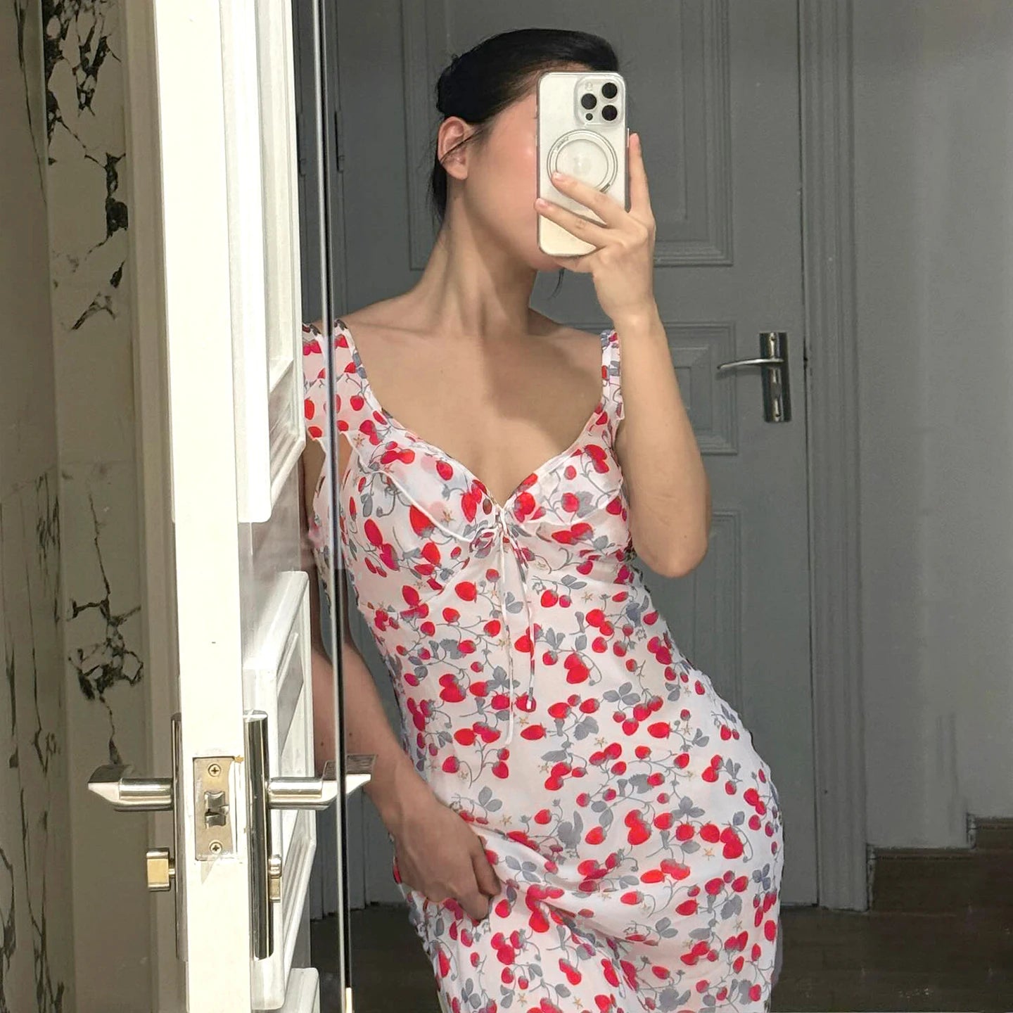 LIZAKOSHT  -  Women's Floral Print Cami Maxi Dress Boho Romantic Ruffle V Neck Long Dresses for Beach Holiday Ladies Summer Vestidos