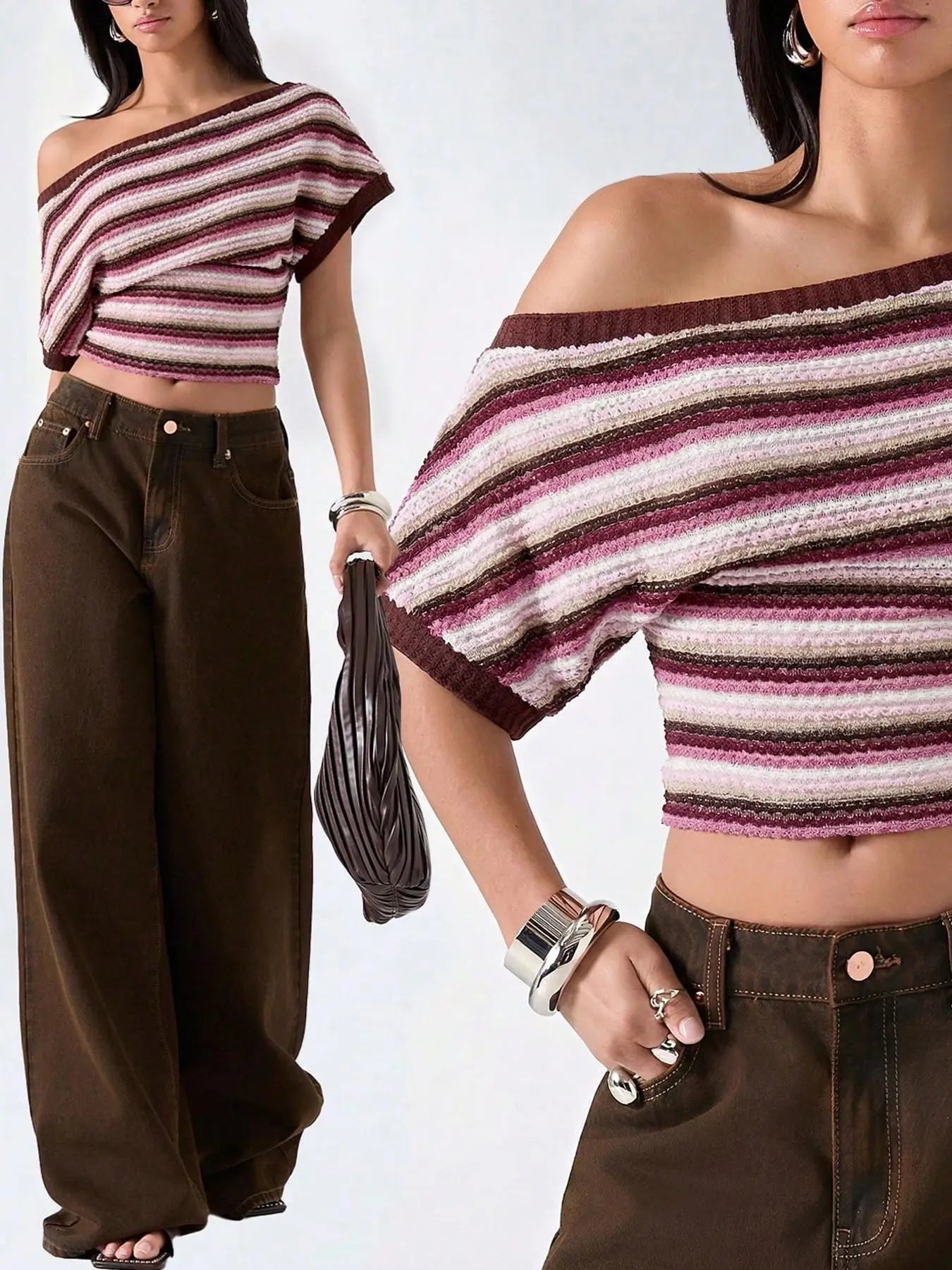 LIZAKOSHT  -  Colorful Bohemian Y2K Spicy Retro Hollow Knitted T-Shirt Asymmetrical Shoulder Line Batswing Sleeve Waist Cinched Top