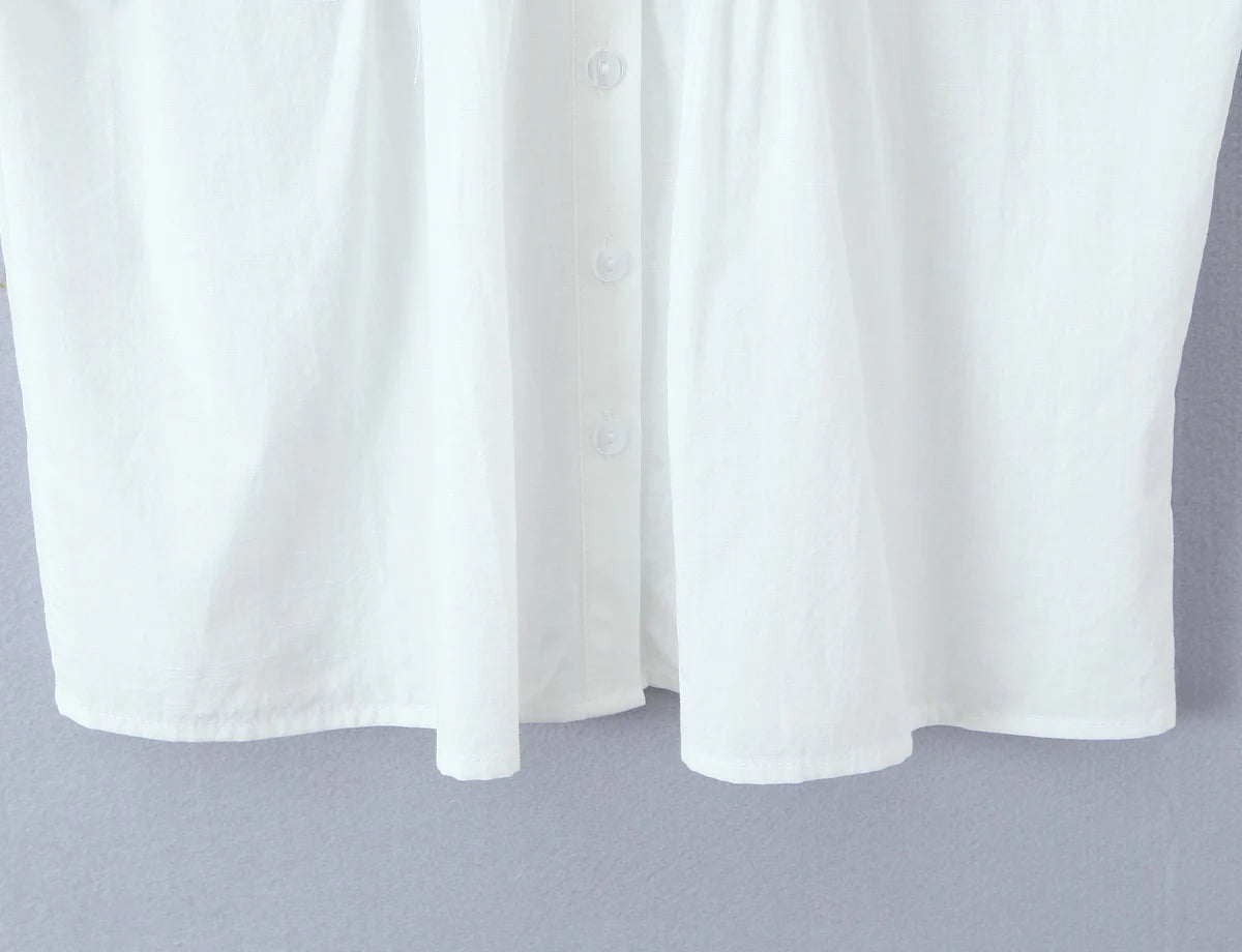 LIZAKOSHT  -  Holiday White Spliced Wood ears Lace Peter Pan Collar Short Puff Sleeve Shirt Women Fold Pleated Front Open Buttons Blouses Tops