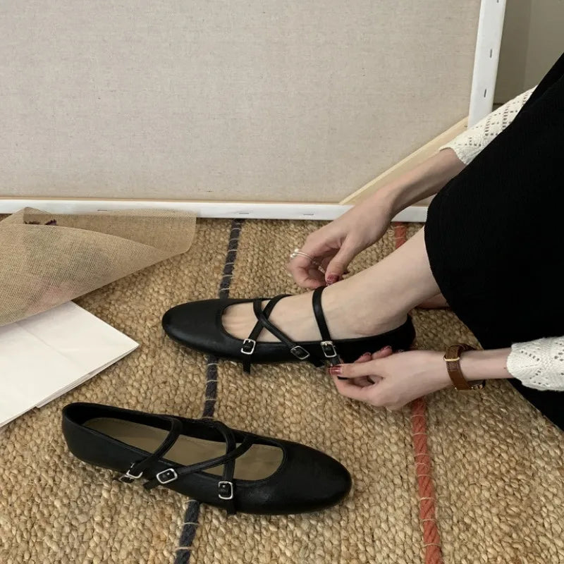 LIZAKOSHT  -  Spring New Women Mary Jane Flat Shoes Fashion Round Toe Slip On Footwear Ladies Elegant Cross Belt Ballet Shoes
