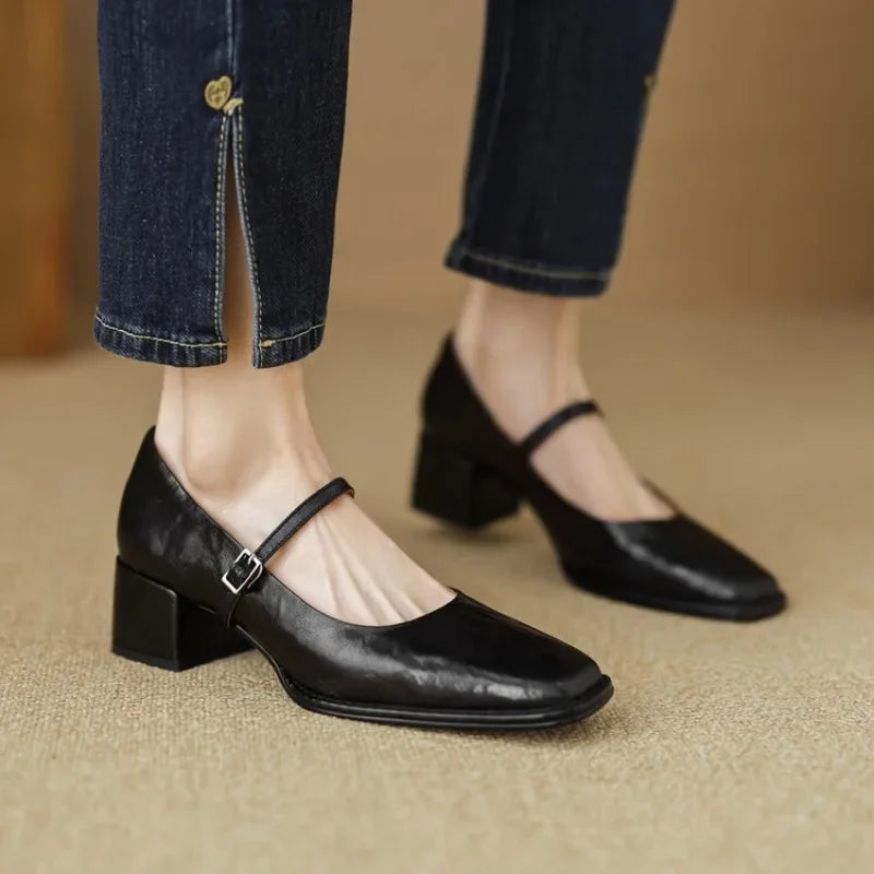 LIZAKOSHT  -  New retro classic Thick Heel  shoes  breathable and simple style  with genuine leather upper, comfortable,
