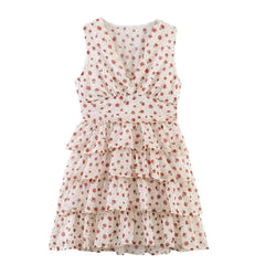 LIZAKOSHT  -  Sweet Beige Floral Print Cross Deep V neck Mini Sleeveless Dress Women Slim Waist Tierred Ruffles Cake Dresses A-lined Robe