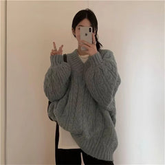  LIZAKOSHT  -  Korean Style V Neck Pullovers Sweater Women Spring Autumn Winter Ladies Knitted Elegant Party Pullover Long Sleeve Clothing Top