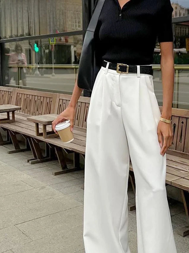 LIZAKOSHT  -  White Wide Leg Pants Women's Slimming Loose Casual Trousers High Waist Comfortable Polyester Fiber Commute Sle Daily Wear