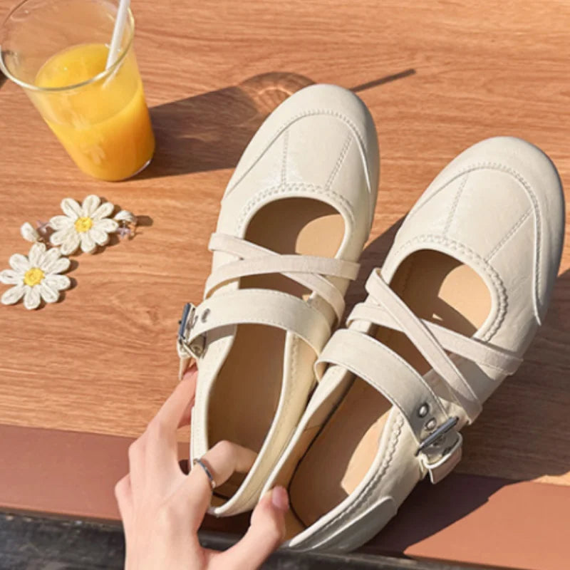 LIZAKOSHT  -   Matte Ballet Mary Jane Flats Ladies Criss Cross Strap Slip on Vintage Soft Walking Footwear Suitable for Office Commute Casual