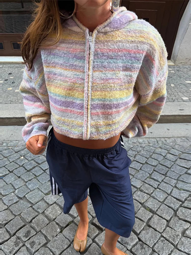 LIZAKOSHT  -  Knitted Rainbow Sweater Woman Hooded Cardigan Colorful Loose Knitwear Long Sleeve Jacket Zipper Coats Autumn Winter Outerwears