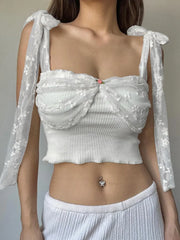 LIZAKOSHT  -  Y2k Aesthetics Lace Patchwork Tank Tops Sweet Bandage Harajuku Crop Vest Streetwear 3D Flower Slim Fit Grunge White E-girl Tanks