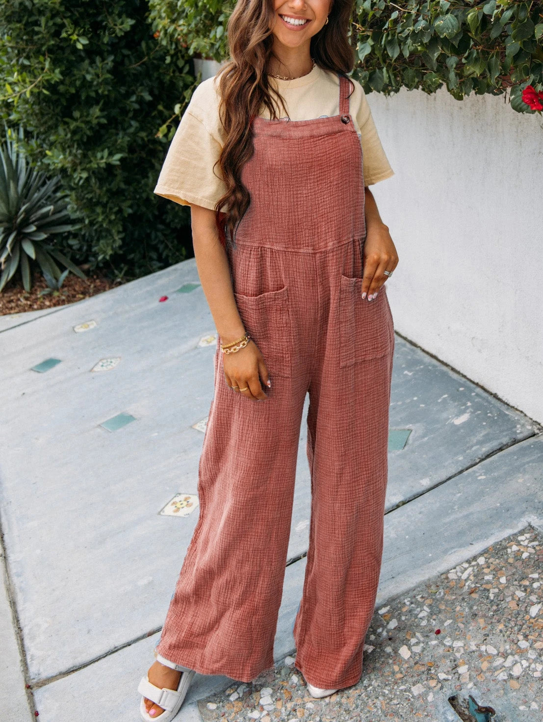 LIZAKOSHT  -  2024 Women's Spring Summer Casual Loose Jumpsuit Cotton Wrinkled Double Patch Wide Leg Pant Vacation Suspenders Trouser
