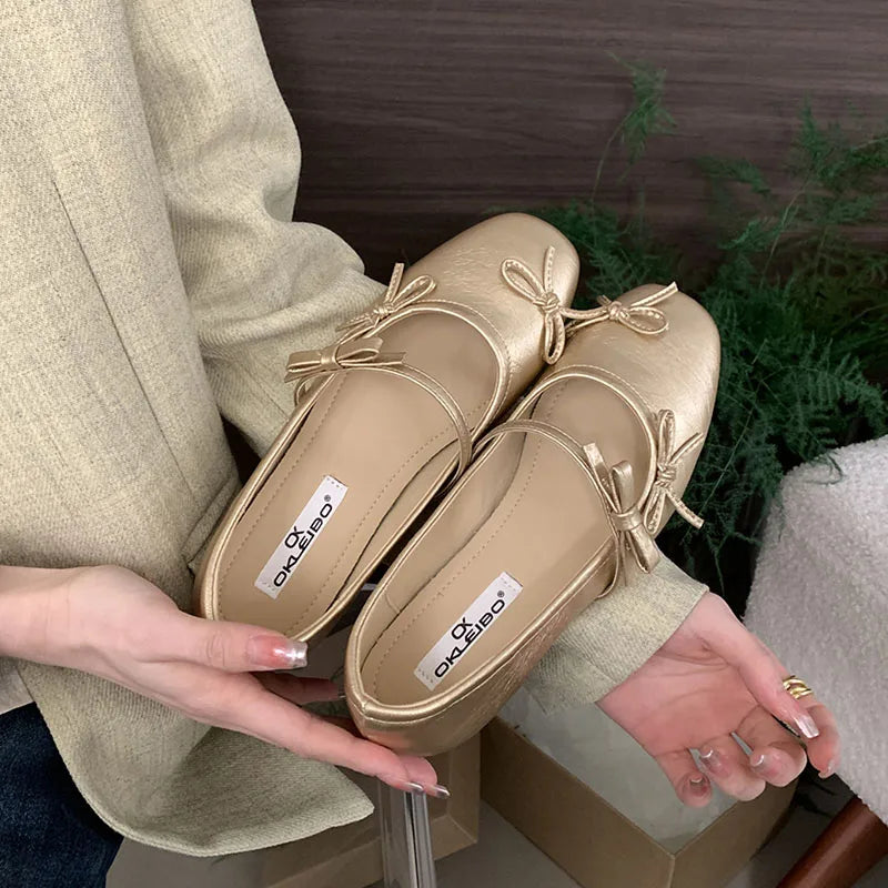 LIZAKOSHT  -  Women Flats Shoes Fashion Bow Knot Shallow Ballet Ladies Shoes Spring Footwear Casual Mary Jane Gold Sliver Red Ballerina Mujer