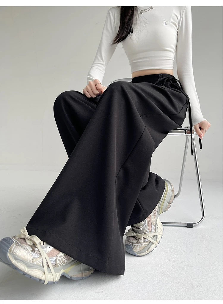 LIZAKOSHT  -  New Spring Summer Buttons High Waist Wide Leg Pants for Women High Waist Lace-up Straight Loose Full Length Trousers Female