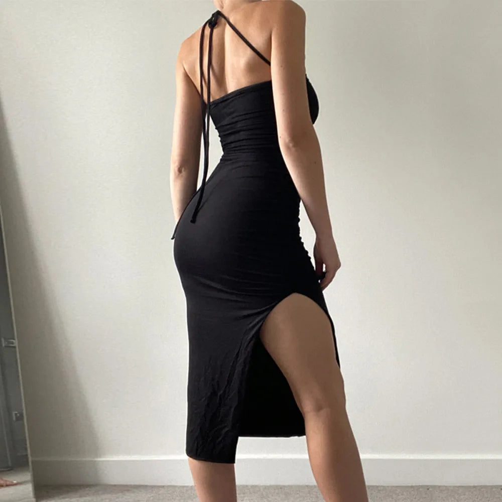 LIZAKOSHT  -  Summer New Dstring Pleated ter Dr Sexy Tight Wrap around Bodycon Long Skirt without Sve Polyester Fiber Midi Dr