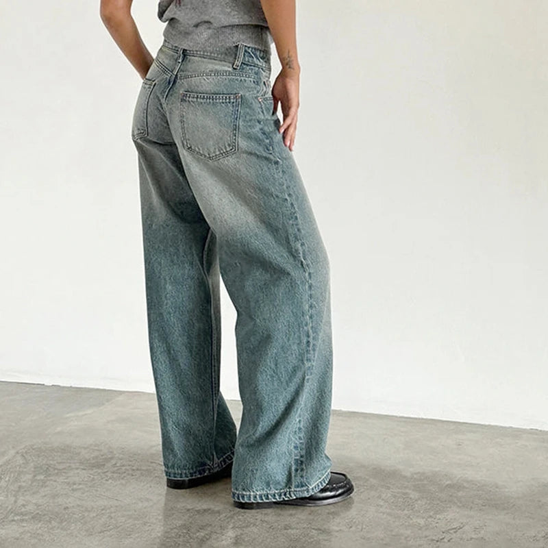 LIZAKOSHT  -  Women Y2K Aesthetic Low Rise Baggy Jeans Loose Fit Boyfriend Straight Wide Leg Denim Pants Trendy Stretch Trousers