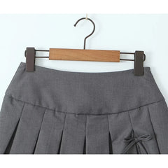 LIZAKOSHT  -  Preppy Style Bow Gray Pleated Mini Skirt Pretty Girl Sexy Low Waist Side Zipper Summer Skirts