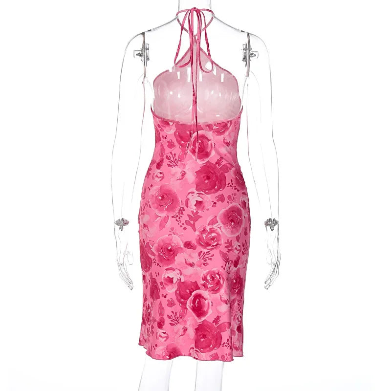 LIZAKOSHT  -  Women Sexy Floral Print Slim Halter Dress Chic Sleeveless Off-shoulder Backless Bodycon Dresses Lady Vacation Street Gowns