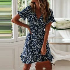 LIZAKOSHT  -  Summer Sexy V Neck Floral Print Boho Beach Dress Sundress Robe Women Dresses