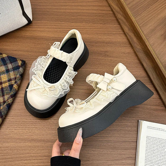 LIZAKOSHT  -  British Style Vintage Women Mary Jane Shoes Concise Butterfly-knot Single Shoes Ladies Height Increase Dress Leather Pumps