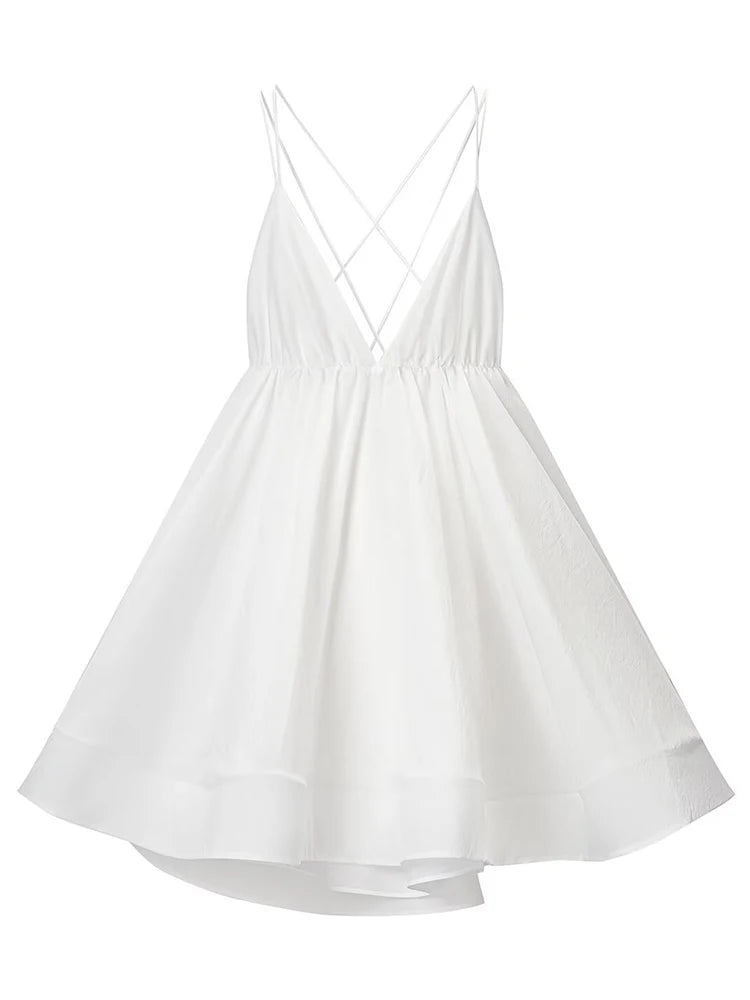 LIZAKOSHT  -  Vacation Beach Dress For Women Summer Sexy Deep V Neck Loose Solid Camisole Dresses Fashion Bandage Backless Ruffle Party Dress