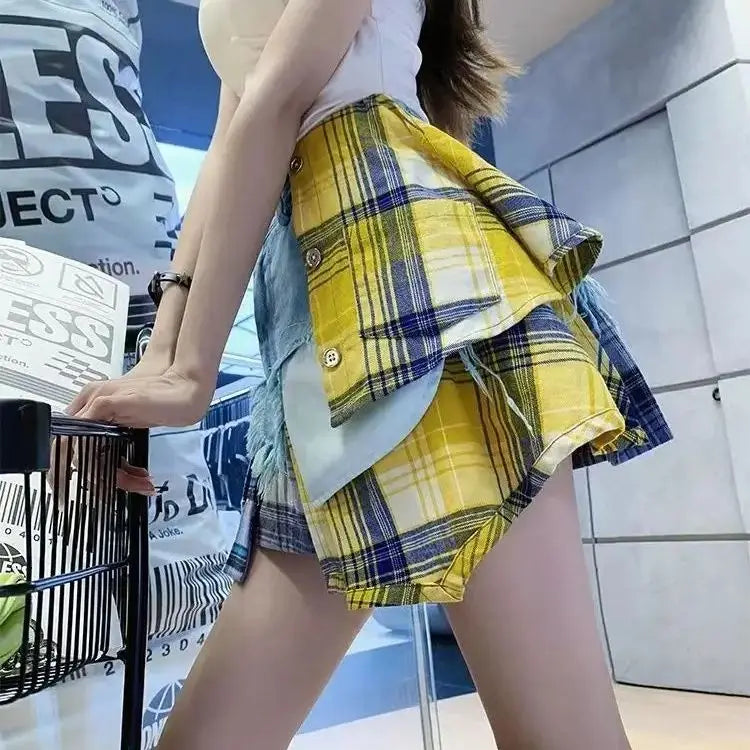 LIZAKOSHT  -  Denim Skirt Colored Plaid Patchwork Irregular Deconstructed Women'S A-Line High Waist Mini Skirt 2024 Summer New Fashion