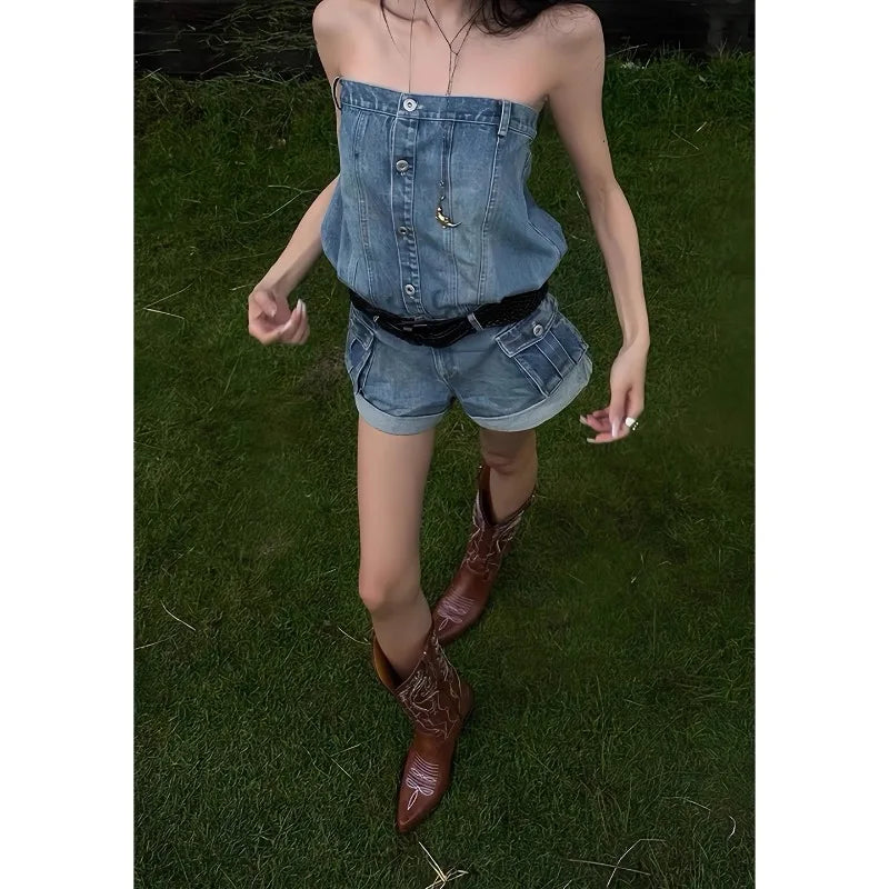 LIZAKOSHT  -  Sexy Spicy Girl Versatile Edge Slimming Shorts Summer Sleeveless Single Breasted Street Fashion Y2k Temperament Jeans Jumpsuit