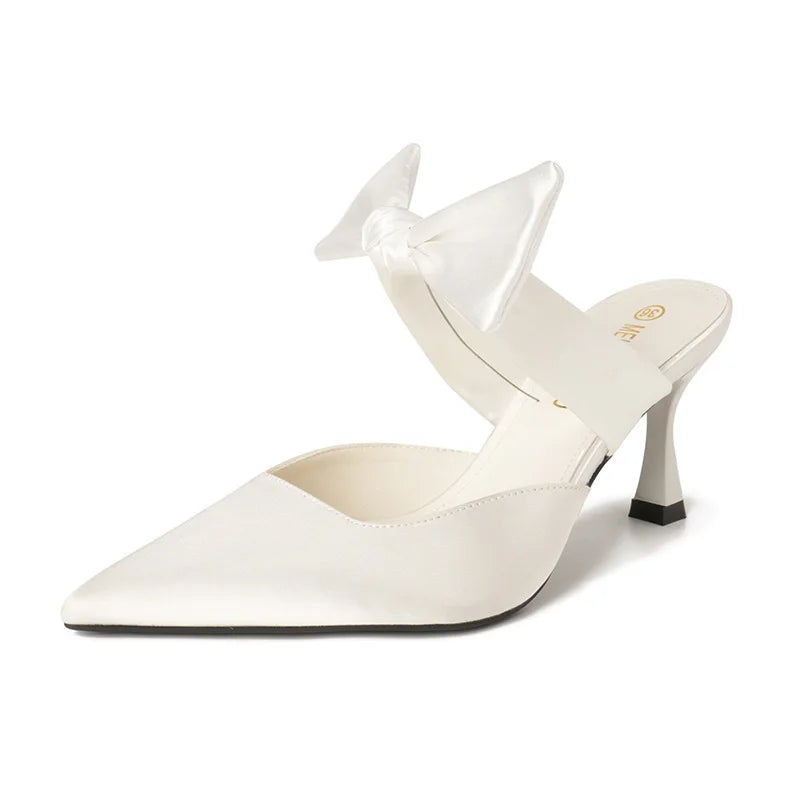 LIZAKOSHT  -  Silver Mules Women's Ribbon Bowknot Silk High Heels Slippers Pointed Toe Kitten Tacones Femme Party Wedding Shoes Ladies Sandals