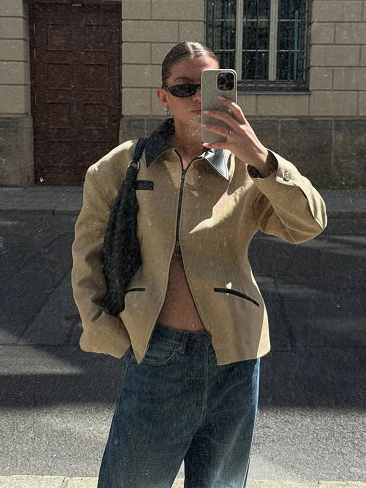 LIZAKOSHT  -  Casual Lapel Patchwork Coat Women Chic Long Sleeve Pockets Zipper Slim Fit Jacket 2025 Autumn Lady Daily Commute Outerwear
