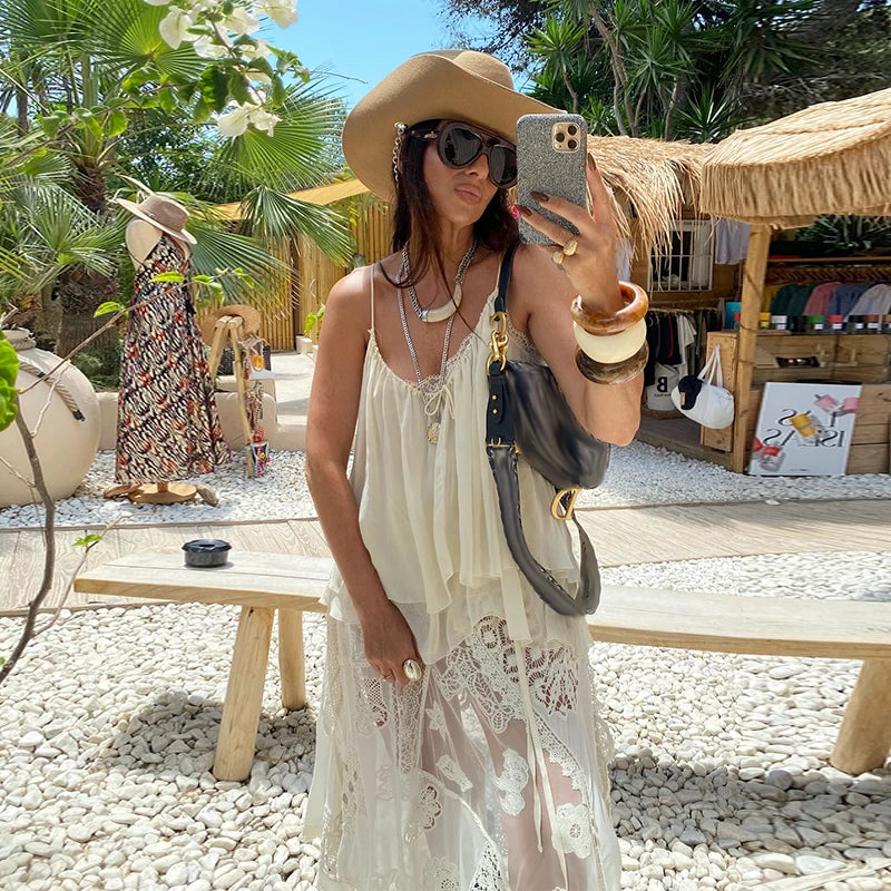 LIZAKOSHT  -  summer Women Loose-fitting Vest Casual Scoop Neck Sweet Spaghetti Strap Chiffon Blouses Ladies Ruffle Hem Flowy Cami Top