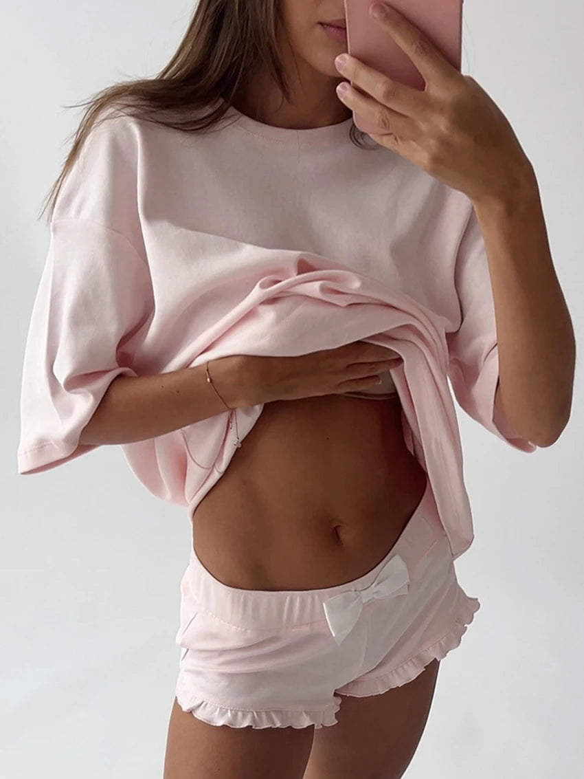 LIZAKOSHT  -  Summer Pink Ladies Nightgowns 2 Piece Suit Half Sleeve Nightwear O-Neck Pajamas Shorts Casual Home Clothes For Women