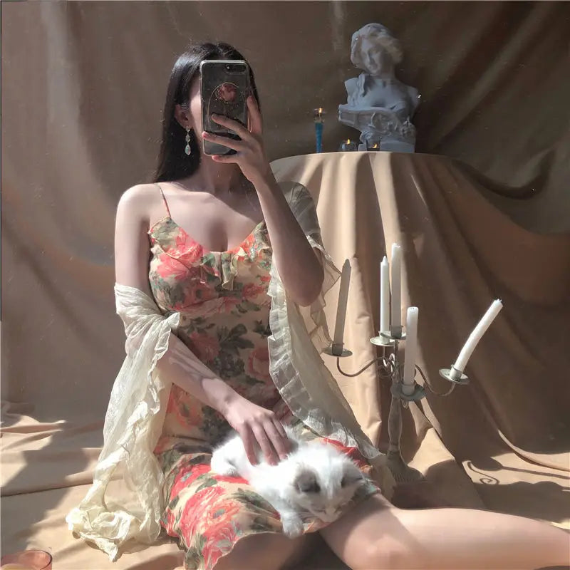 LIZAKOSHT  -  French Sweet Vintage Floral Dress Women Casual Spaghetti Strap Beach Dress Female Summer Office Lady Party Vestidos
