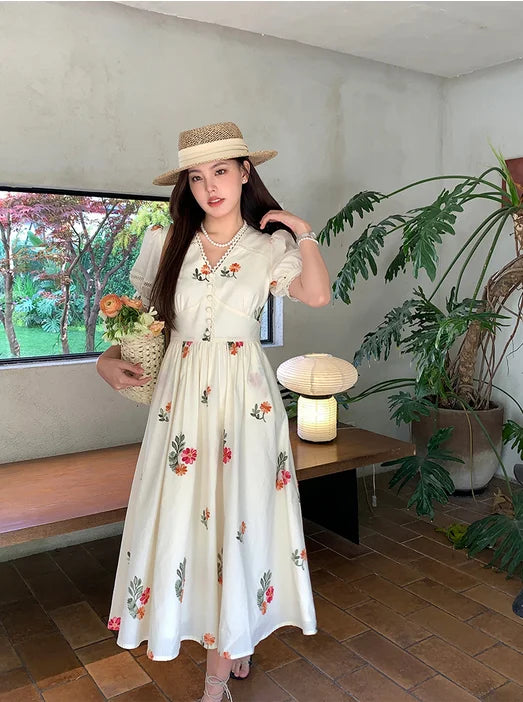 LIZAKOSHT  -  Franch Romantic Floral Print V-neck Midi Dress Women Summer Puff Sleeve High Waist Holiday Beach Dress Female Prairie Chic Dress