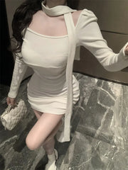 LIZAKOSHT -  Auturm Spring Korean Fashion Solid Color Short Knitted Dress for Women Sexy Cute Sweet Casual  Long Sleeve Dresses