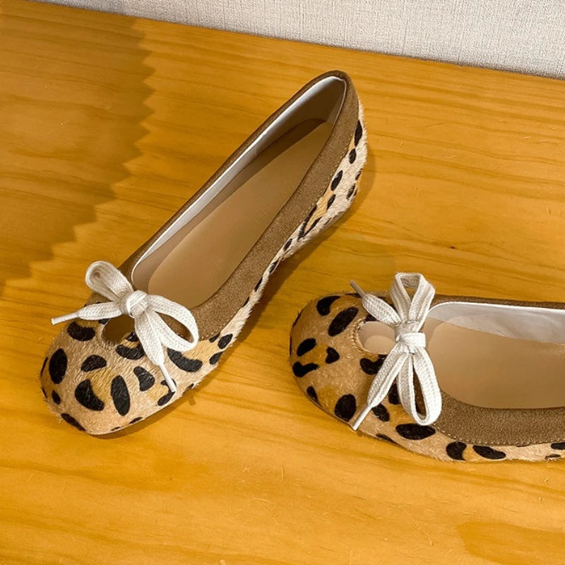 LIZAKOSHT  -  Leopard Lace Up Women Ballet Shoes Round Toe Shallow Comfort Walking Shoes Female Lncreased Lnternal Fashion Mary Jane Shoes