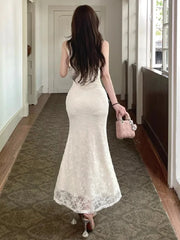 LIZAKOSHT  -  Elegant Dresses Women Flowers Lace Patchwork Sleeveless Halter Slim Split Temperament Party Dress Summer Fashion