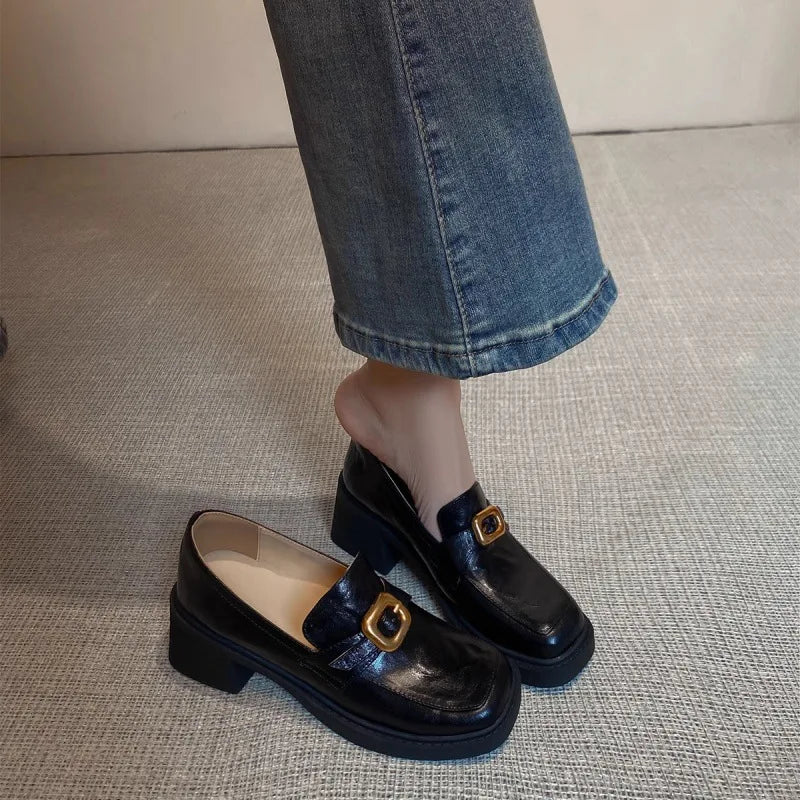 LIZAKOSHT  -  Women's Leather Shoes New Retro White Chunky Heel Loafers Women's British Style High Heels Metal Buckle Thick Heel Single Shoes