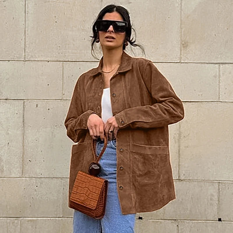 LIZAKOSHT  -  Solid Women Suede Coats Turn-down Collar Single Breasted Pocket Loose Female Jackets 2024 Autumn Winter New Fashion Lady Coats