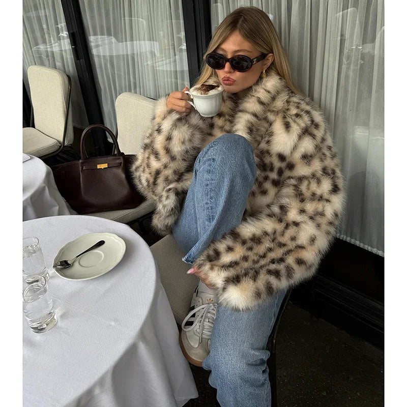LIZAKOSHT  -  Brown Leopard Fox Fur Coat Women Winter 2026 New Luxury Hot Brand Fashion Girls Faux Fur Jacket Teddy Overcoat Faux Fur Coat