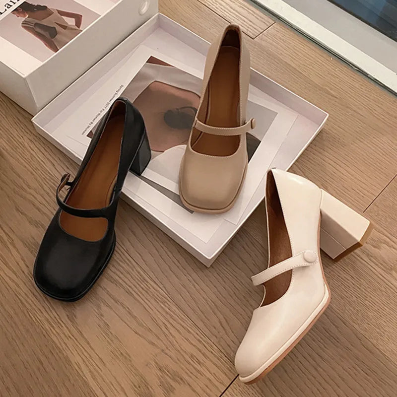 LIZAKOSHT  -  Fashion Pumps New Women's Heels High Quality Genuine Leather Round Toe Shallow Mouth High Heel Mary Janes Women's Shoes