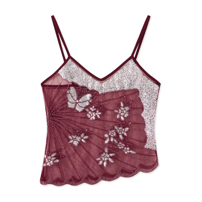 LIZAKOSHT  -  Y2K Sequin Butterfly Tops Women Sleeveless Spaghetti Strap Sheer See Through Camisole Party Clubwear Summer Date Night Outfits