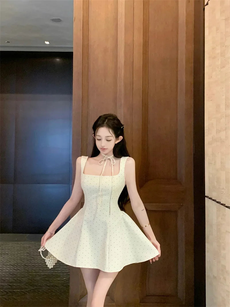LIZAKOSHT  -  Original High Quality French Polka Dot Strap Dress Women's Summer Sexy Slimming Short Skirt Mini Dress Square Collar Sleeveless