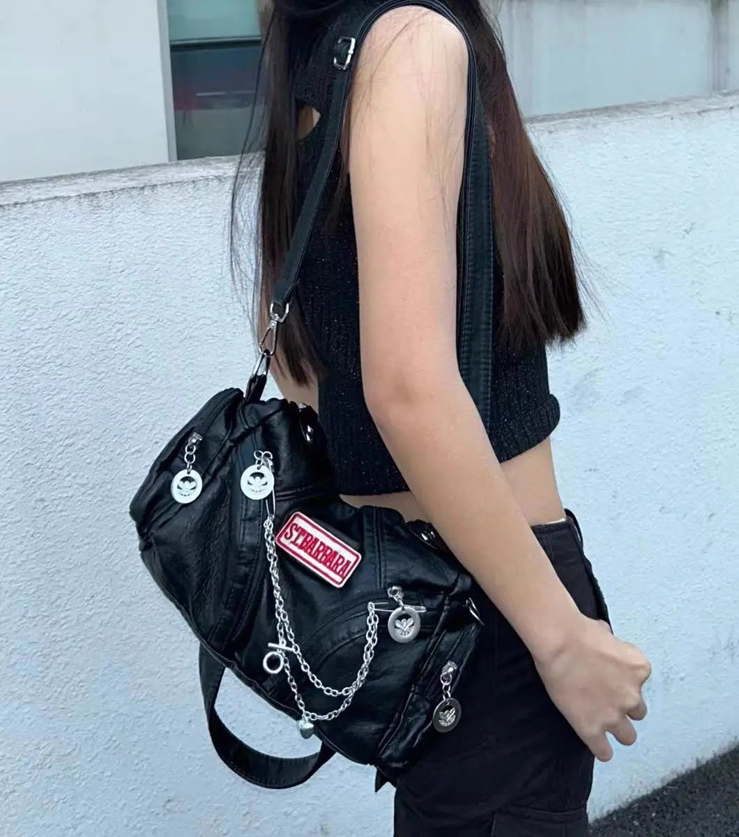 LIZAKOSHT  -  Hot Girls Black Shoulder Bag Women Vintage Grunge Leather Casual Tote Bag Ladies Retro Moto Biker Y2k Handbag Aesthetic