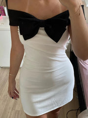 LIZAKOSHT  -  Sexy Party Mini Dress Women Fashion  Strapless Sleeveless Bodycon Bow Patchwork Dresses White Elegant Club Slim Dress