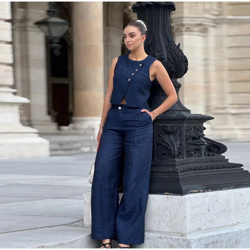 LIZAKOSHT  -  Solid Single Breasted Waistcoat Pants Set Women Fashion Sleeveless Tank Top Button Straight Trousers 2025 Lady Casual New Suit