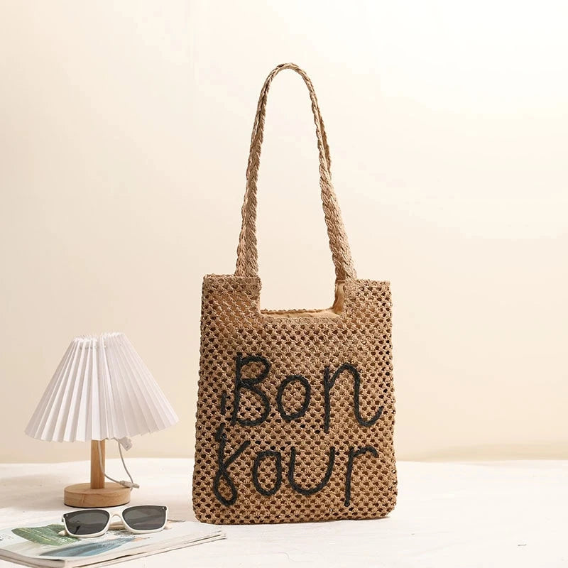 LIZAKOSHT  -  Women Fashion Letter Embroidered Shoulder Bag Hollow Grass Woven Beach Bags Vacation Handbag