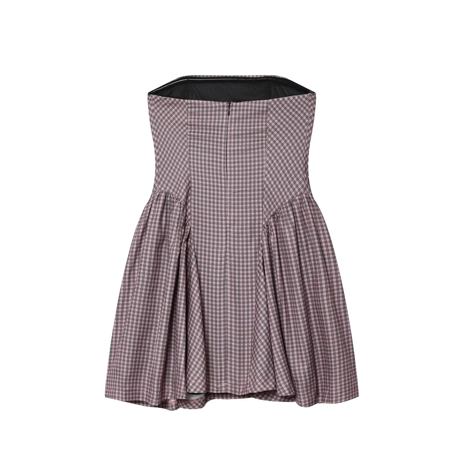 LIZAKOSHT  -  European and American autumn new women's clothing style simple sleeveless slim fit plaid strapless short dress
