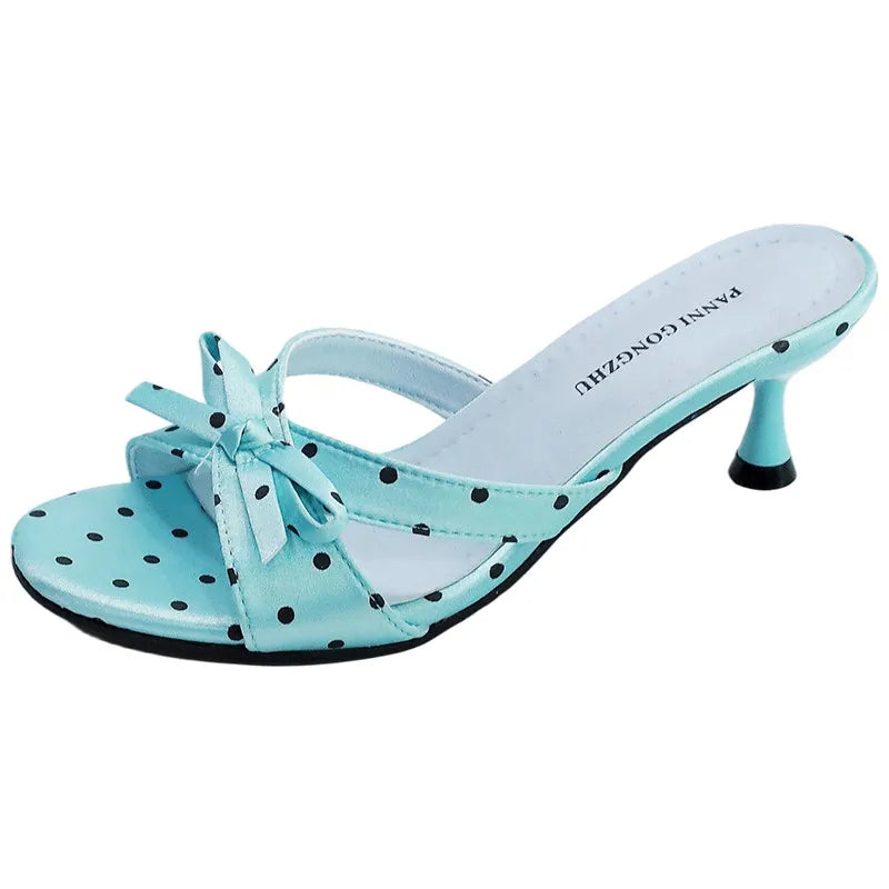 LIZAKOSHT  -  Street Style Satin Butterfly-knot Women Slippers Fashion Polka Dot Thick Heels Party Dress Slide Ladies Summer Polka Dot Shoes