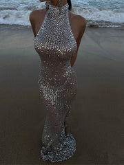 LIZAKOSHT  -  Sequin Halter Beach Dress Large Backless Neck Hanging Waist Cinched Slim Fit Wrap Hip Long Dresses Micro Perspective Sexy Robes