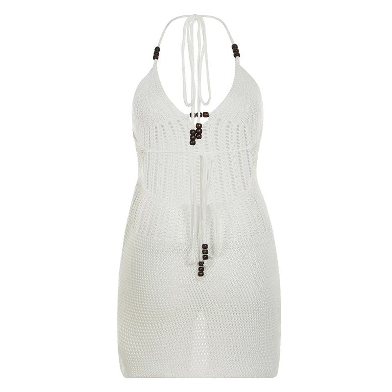 LIZAKOSHT  -  Hollow Out Halter-neck Smock Dress Holiday Sexy Beading Backless Bodycon Sundress Ladies Elegant V-neck Crochet Robe