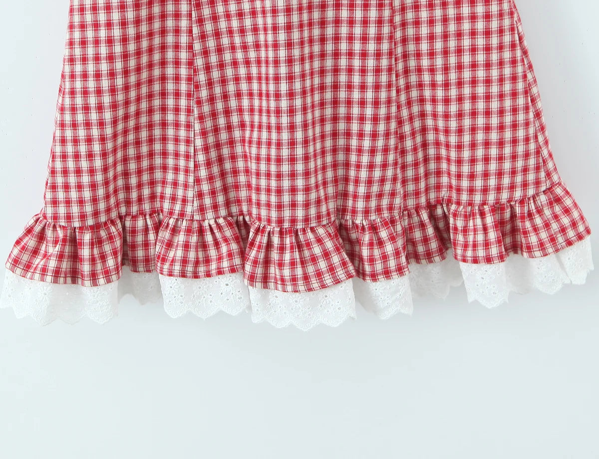 LIZAKOSHT  -  Sexy Red White Plaid Spliced Lace Lacing Up Bow Halter V Collar Mini Dress Women Ruffles Hem A-line Short Dresses Robe Vestidos