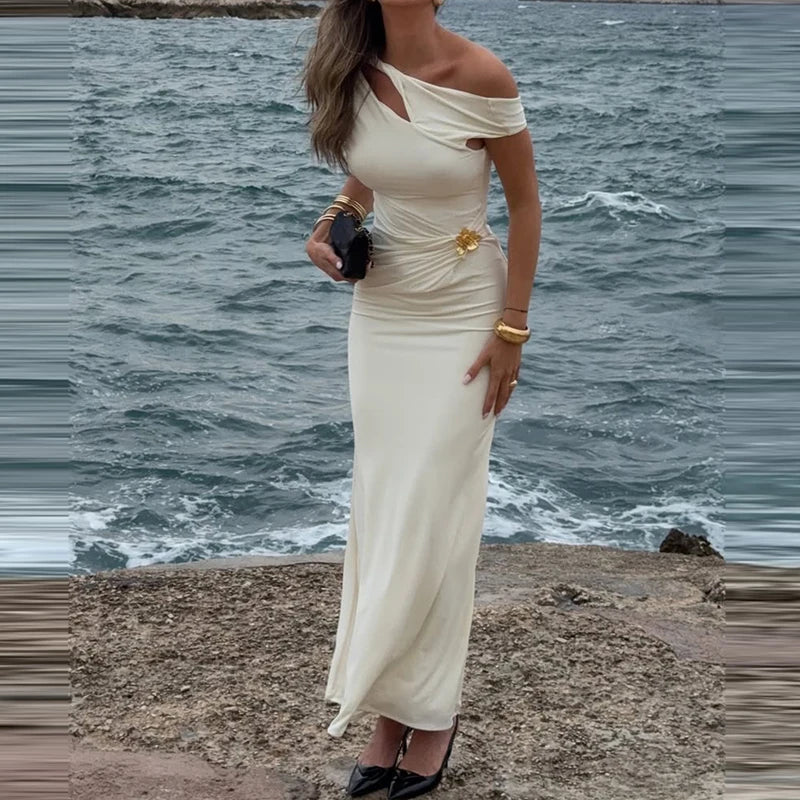 LIZAKOSHT  -  Temperament Slash Collar Hollow Out Bodycon Dress Fashion Solid Color Shawl Sleeve Party Dress Elegant Lady Beach Vacation Dress