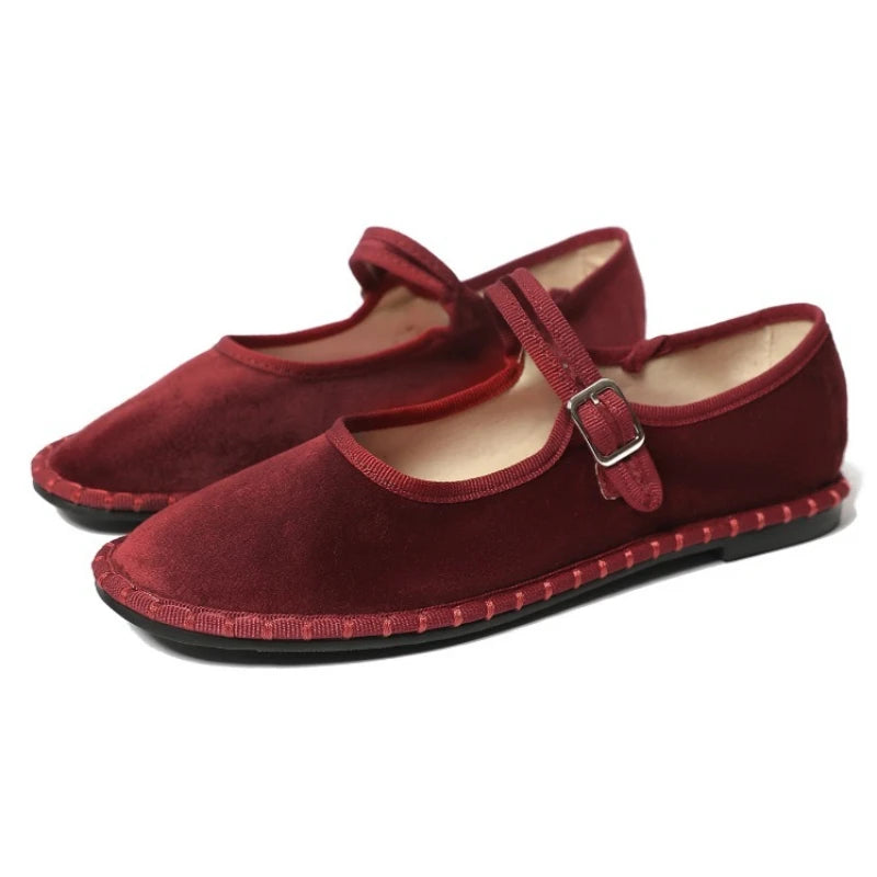 LIZAKOSHT  -  Velvet Round Toe Casual Flats Women Sewing Lightweight Brand Mary Jane Shoe Buckle Print Insole Comfort Retro Ballet Flats Women