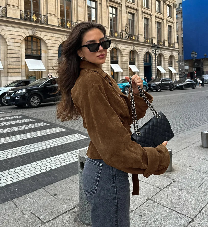 LIZAKOSHT  -  Vintage Suede Coats Women Aututmn Winter Turn-down Collar Brown Outerwears with Belt Office Lady Double Breasted Jackets